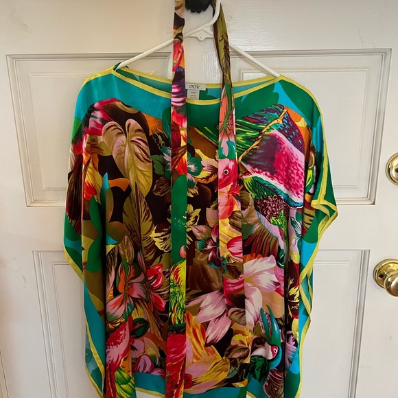 100% silk CACHE TOP KAFTAN PONCHO BLOUSE tropical floral design - Picture 5 of 10